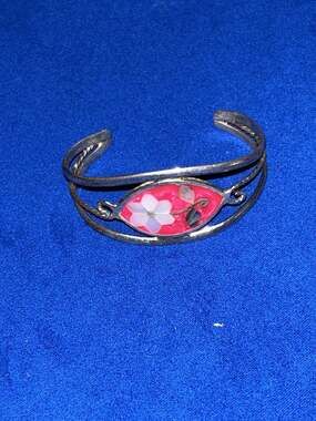 Vintage Mexican Alpaca Silver Cuff Bracelet with Pink Enamel and Mother of Pearl